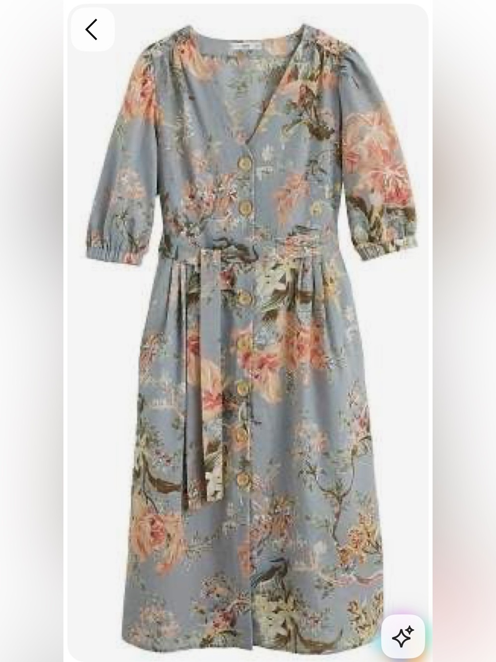 Mango Dusty Blue Floral Midi Dress with Tie Waist